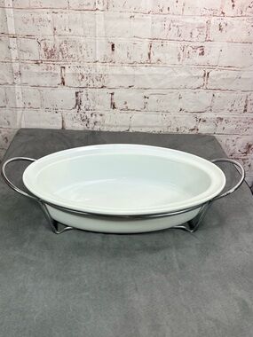 Certified International White Ceramic Oval Baker with Chrome Stand